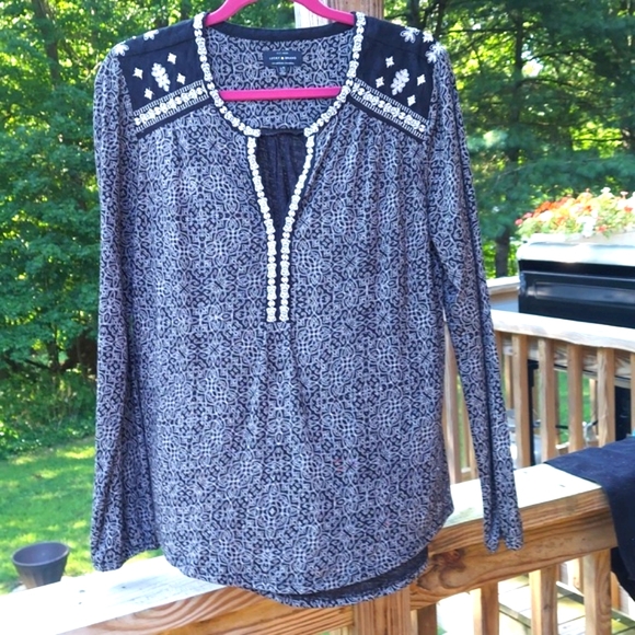 Lucky Brand Embroidered Cotton Modal V-Neck Boho peasant tunic Top Sz L - Picture 2 of 12